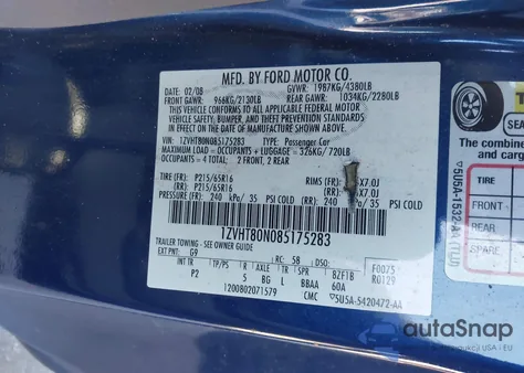 2008 Ford Mustang V6 Deluxe/V6 Premium from USA, damaged, VIN 1ZVHT80N085175283